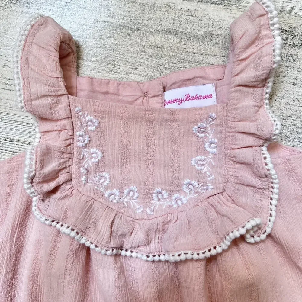 Tommy Bahama Romper Baby Girl 6-9M Pink Gauze Embroidered Bubble Headband